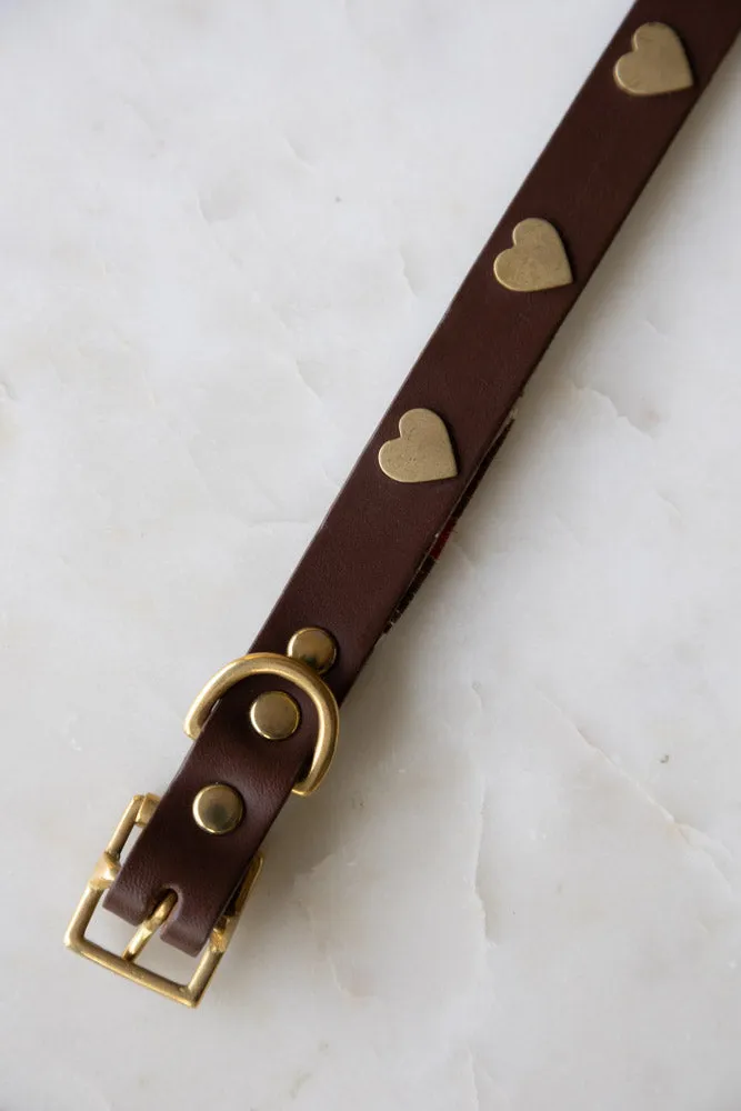 Brown Leather Dog Collar With Hearts - 5 Available Sizes