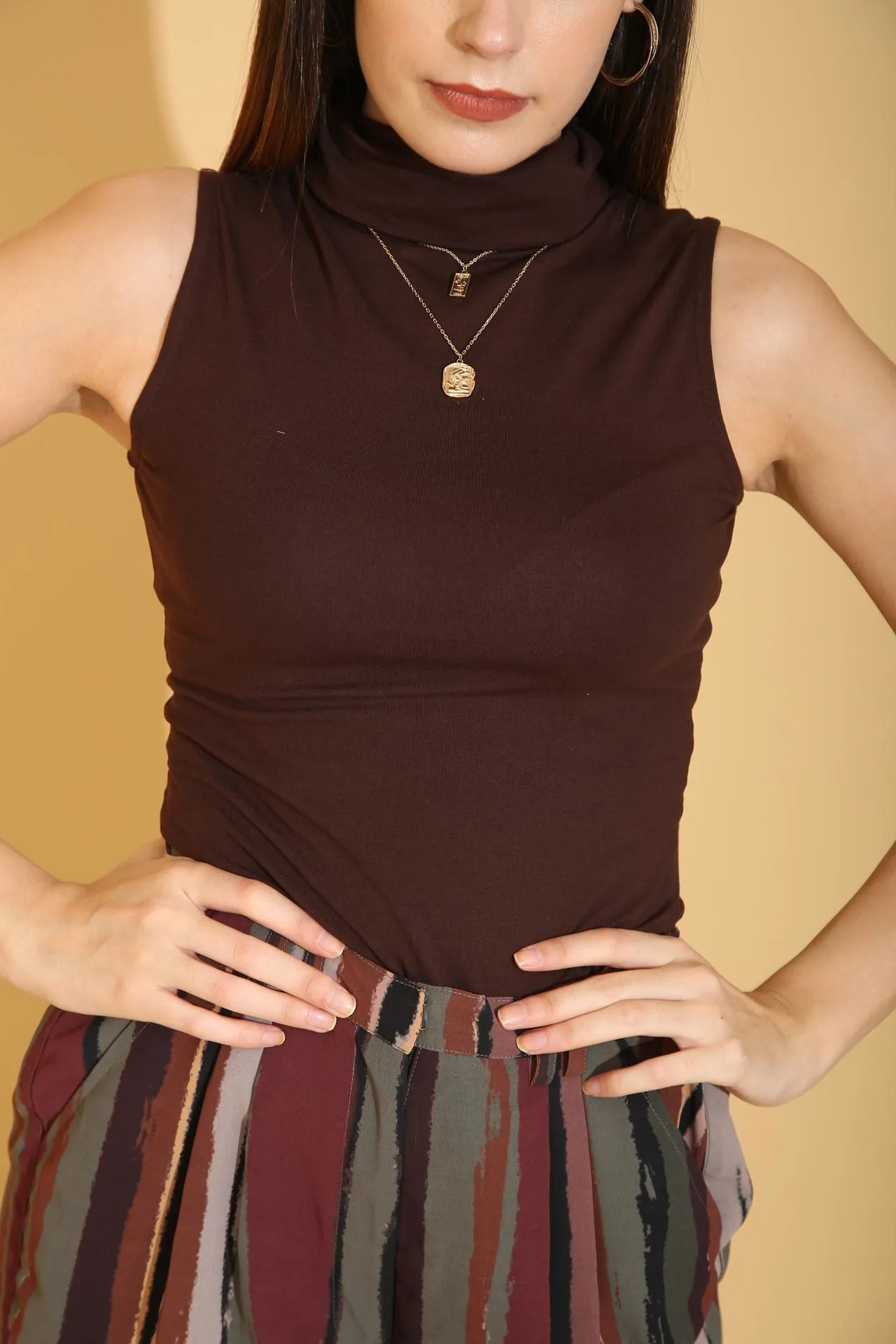 Brown Turtle Neck Sleeveless Top