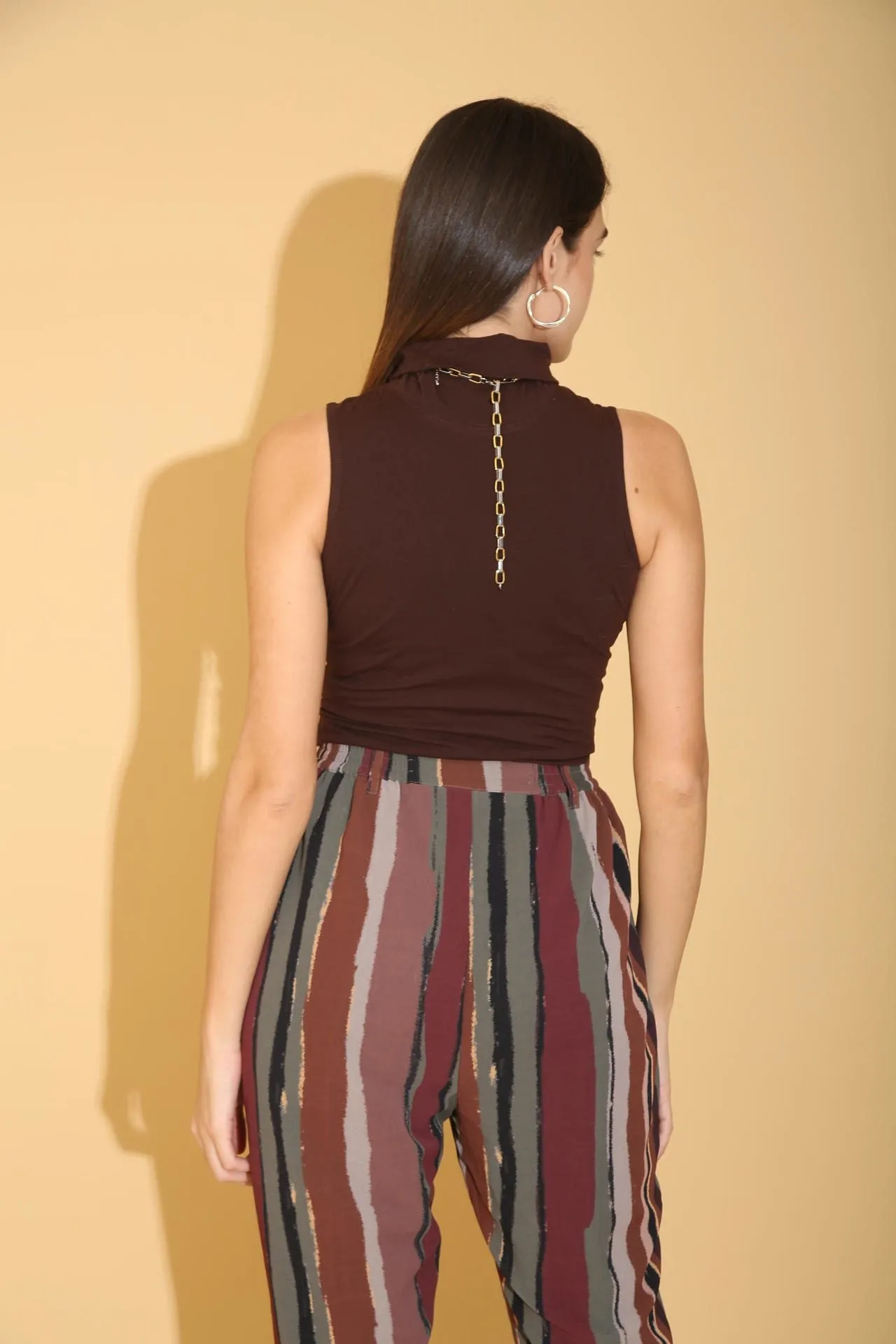 Brown Turtle Neck Sleeveless Top