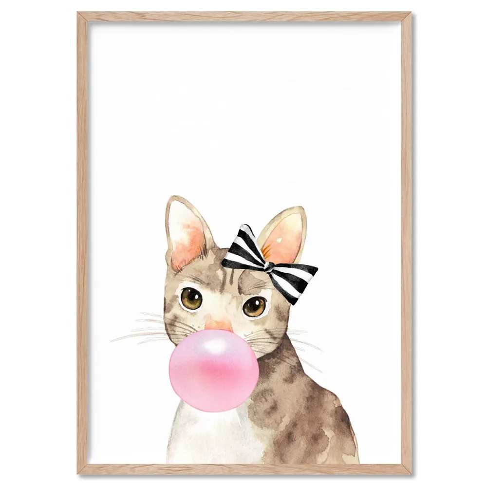 Bubblegum Kitty Cat Stripe Bow | Pink Bubble - Art Print