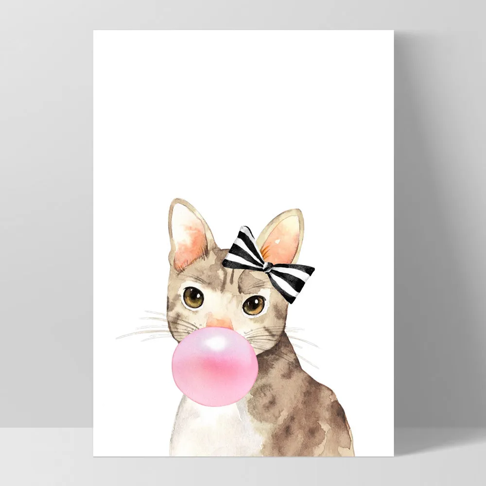 Bubblegum Kitty Cat Stripe Bow | Pink Bubble - Art Print