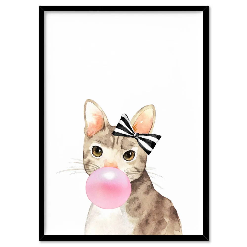 Bubblegum Kitty Cat Stripe Bow | Pink Bubble - Art Print