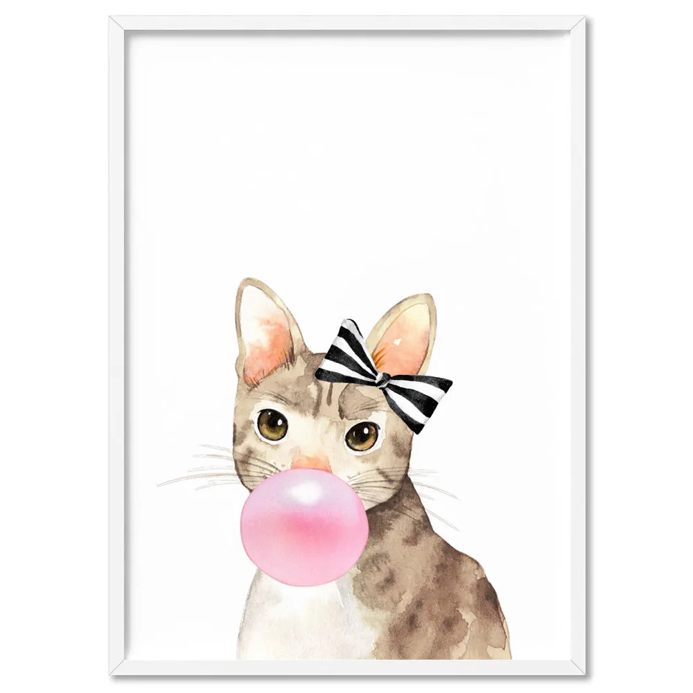 Bubblegum Kitty Cat Stripe Bow | Pink Bubble - Art Print