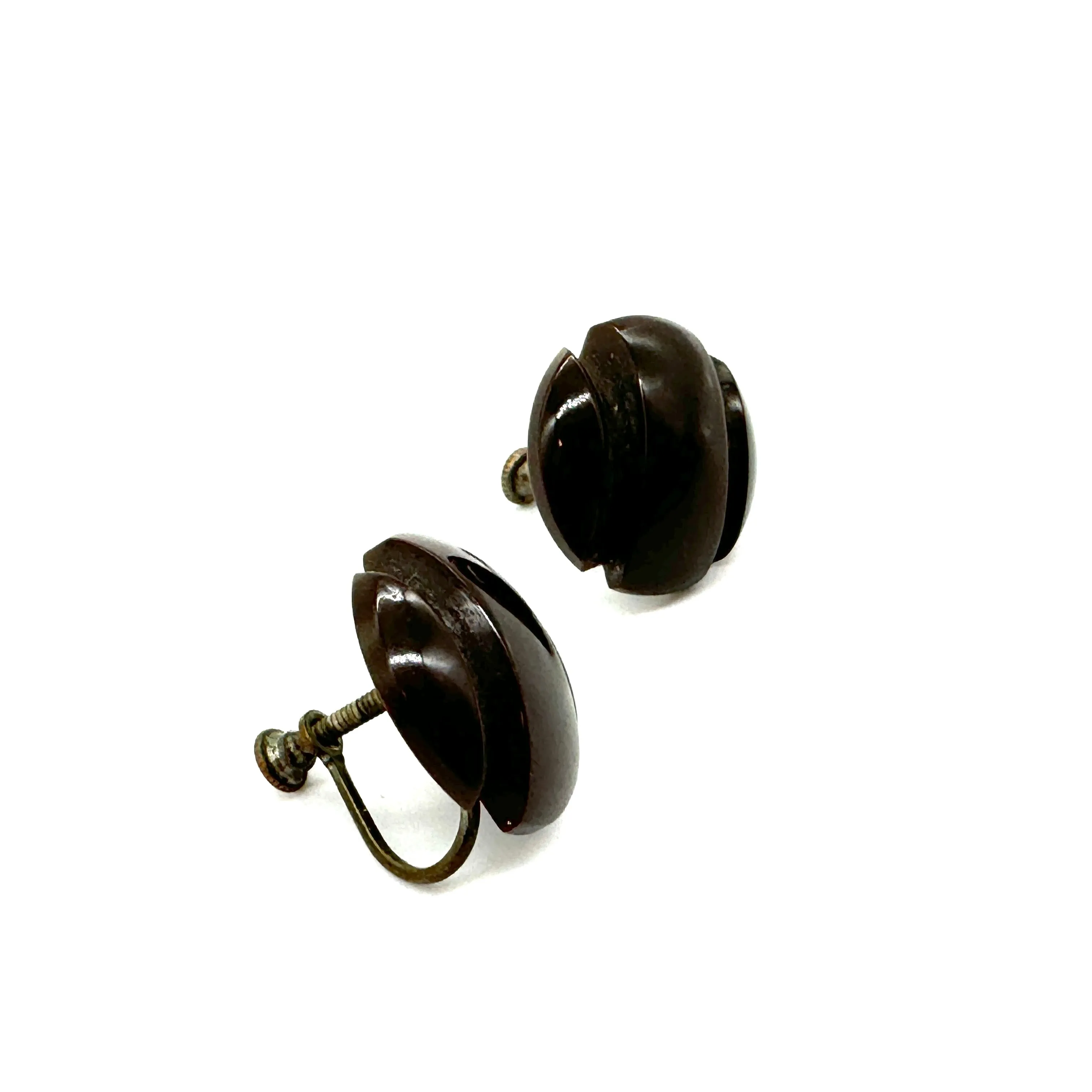 Carved Chocolate Bakelite Screw Back Earrings - Estate