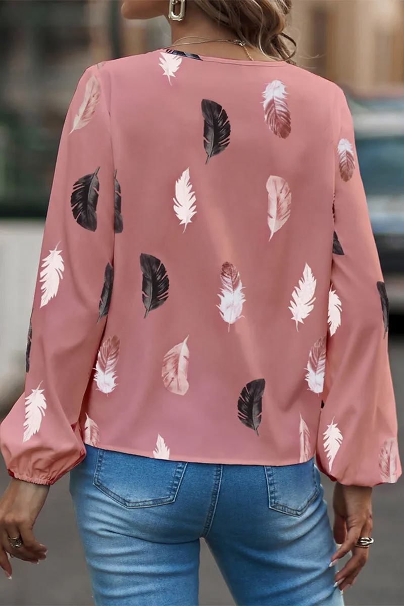 Casual Print Feathers Printing V Neck Tops(7 Colors)