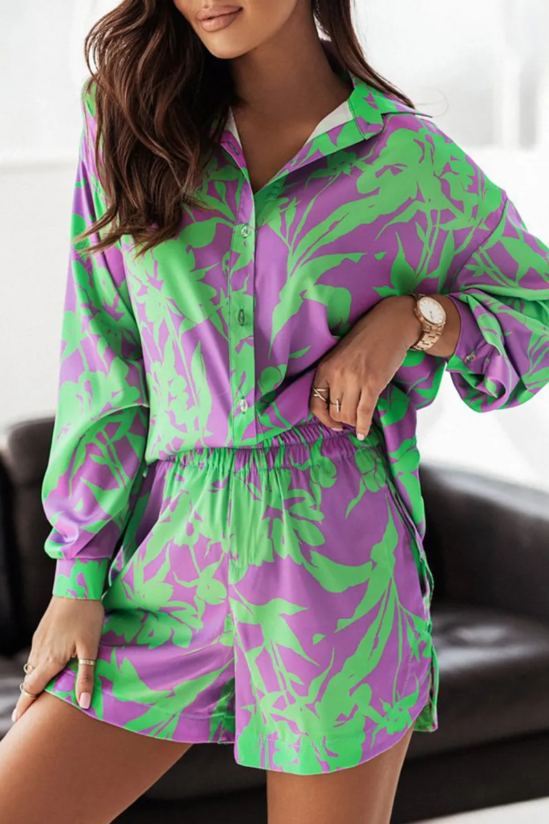 Casual Print Patchwork Turndown Collar Long Sleeve Two Pieces(6 colors)