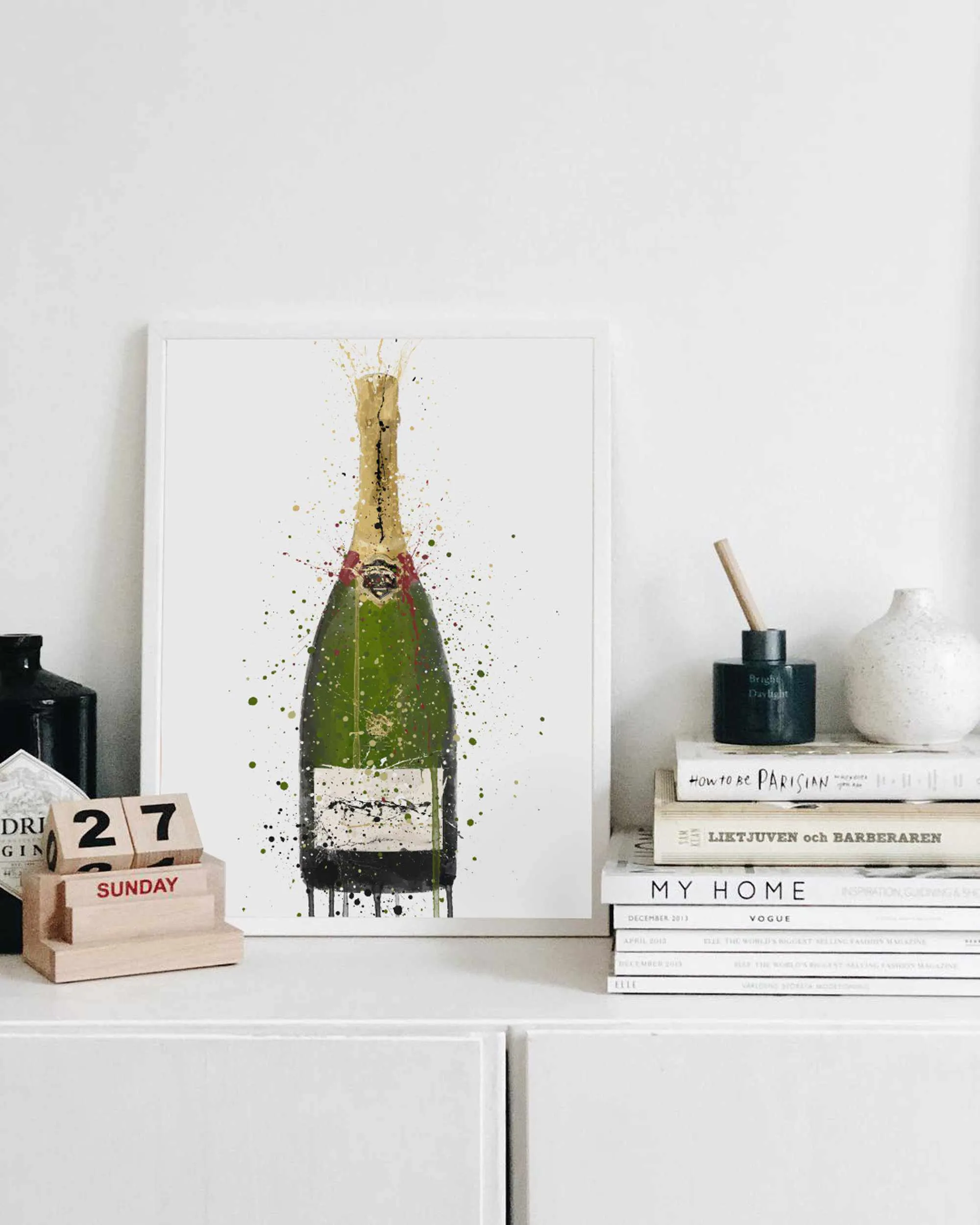 Champagne Bottle Wall Art Print 'Olive Green'