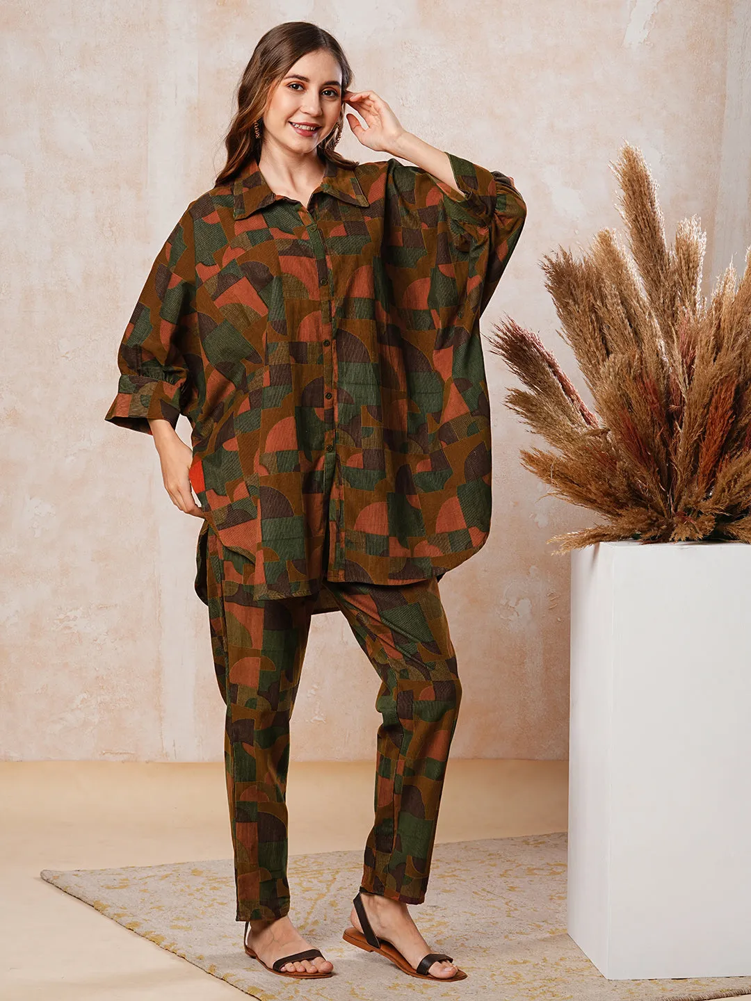 Corduroy Abstract Printed Kaftan Style Top with Pants Co-ord Set - Brown