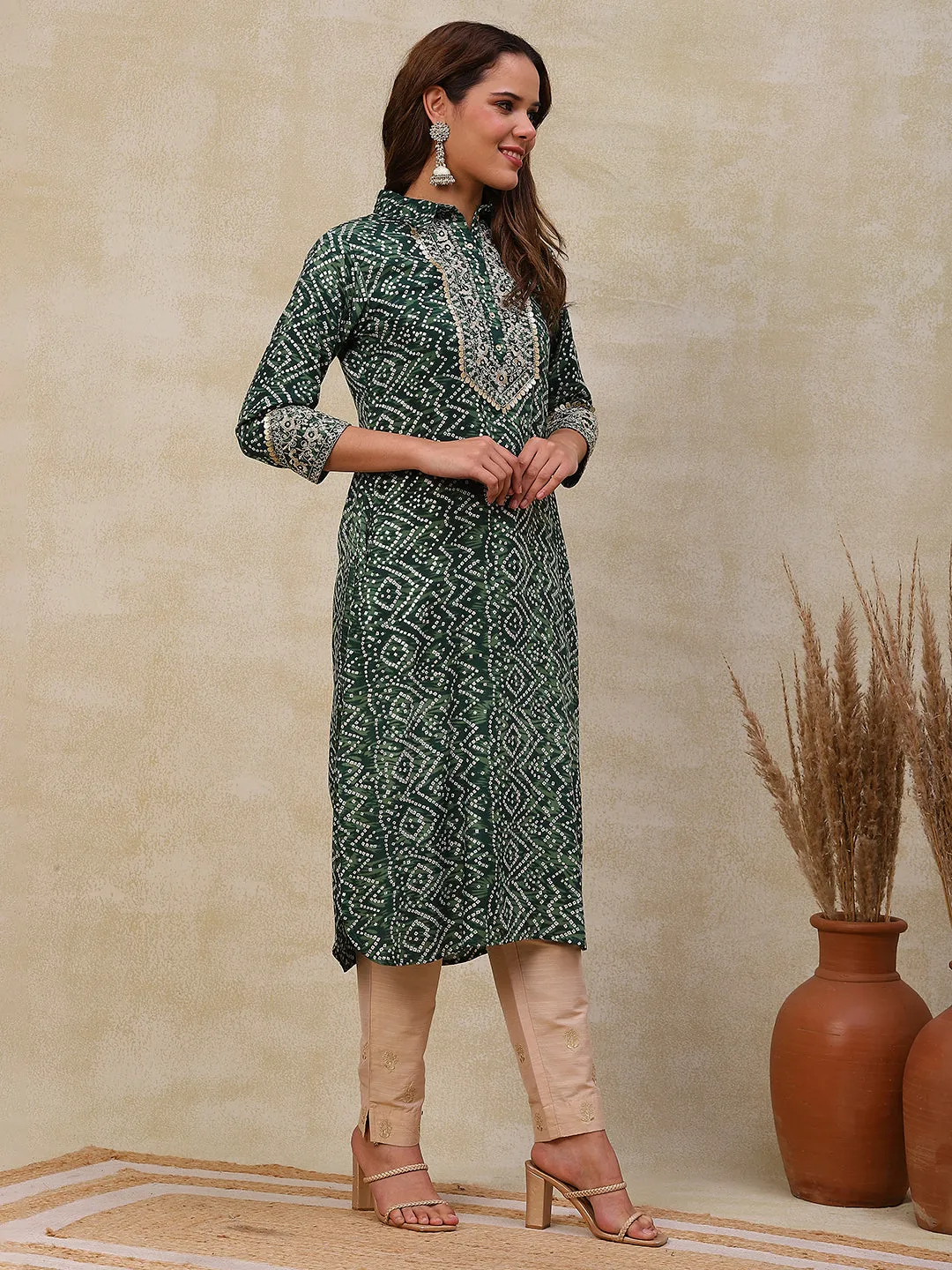 Ethnic Bandhani Design Printed Mirror & Zari Embroidered Kurta - Green