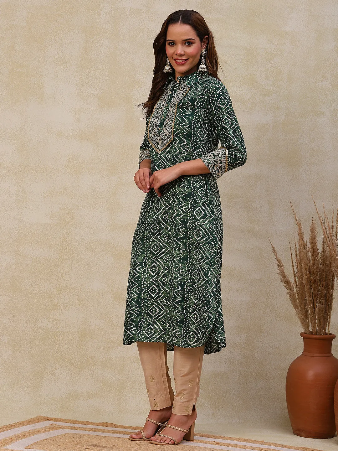 Ethnic Bandhani Design Printed Mirror & Zari Embroidered Kurta - Green