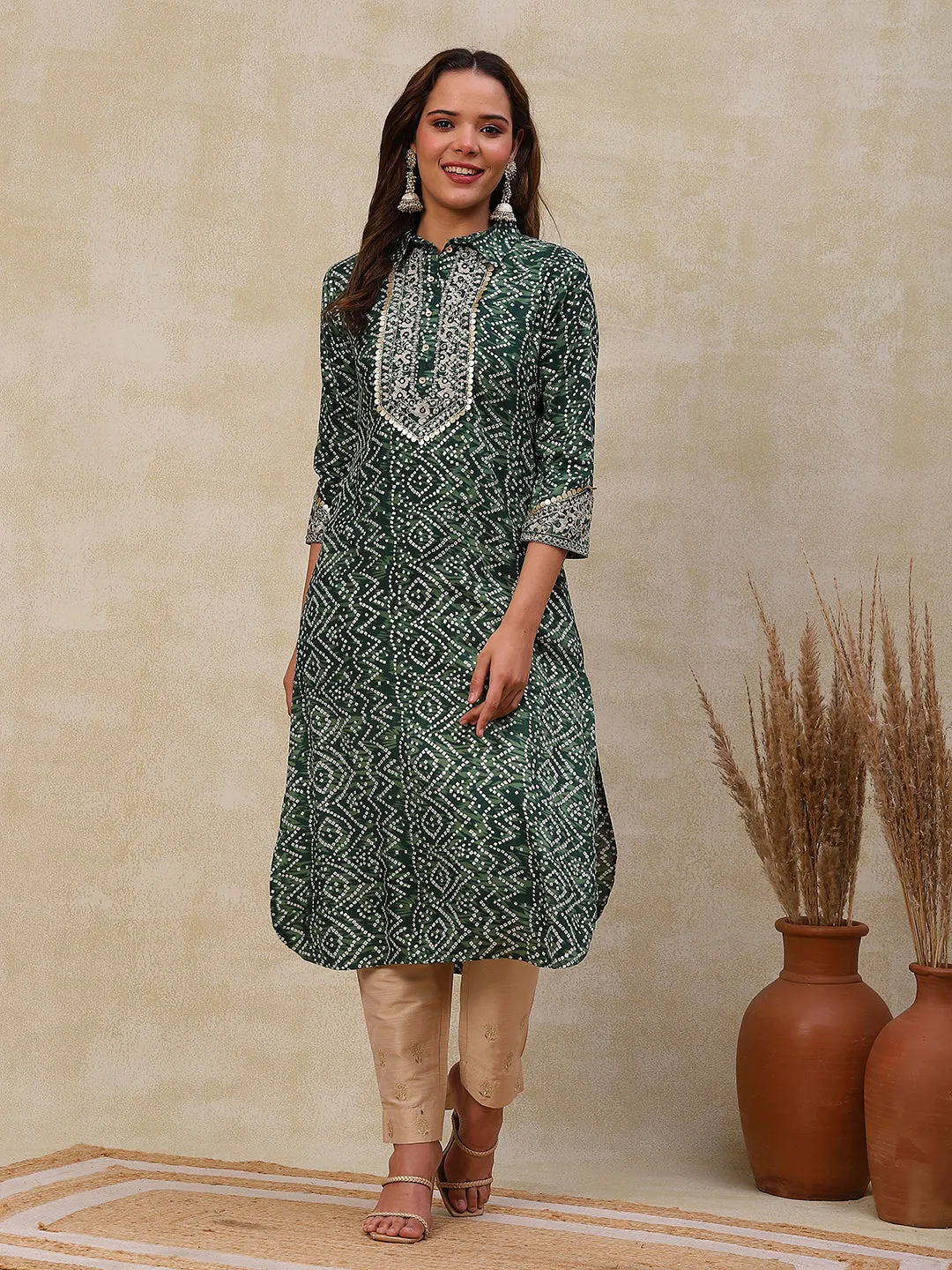 Ethnic Bandhani Design Printed Mirror & Zari Embroidered Kurta - Green