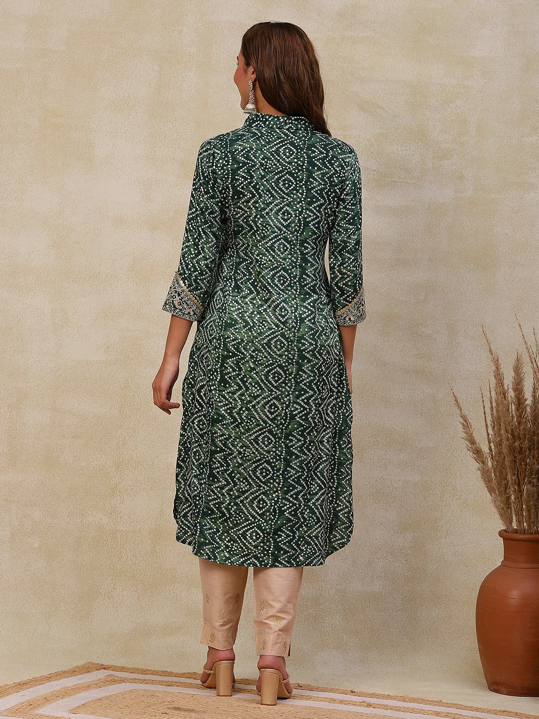 Ethnic Bandhani Design Printed Mirror & Zari Embroidered Kurta - Green