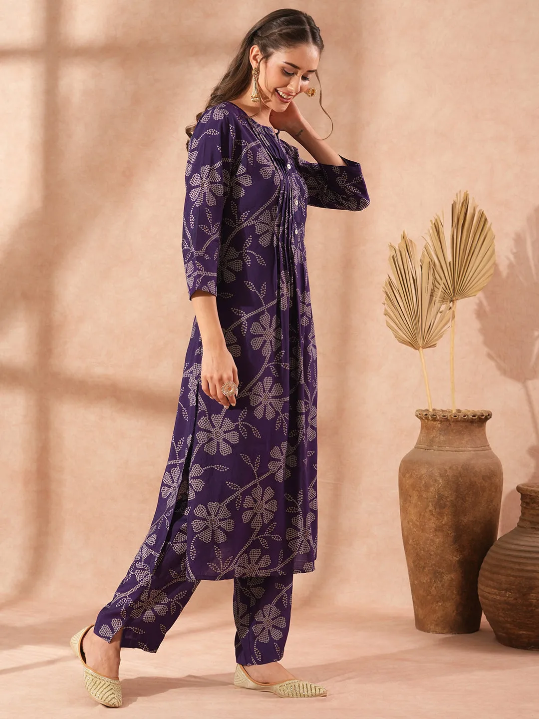 Ethnic Bandhani Printed A-Line Co-ord Set - Purple