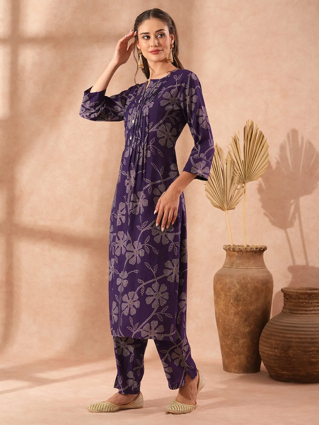 Ethnic Bandhani Printed A-Line Co-ord Set - Purple