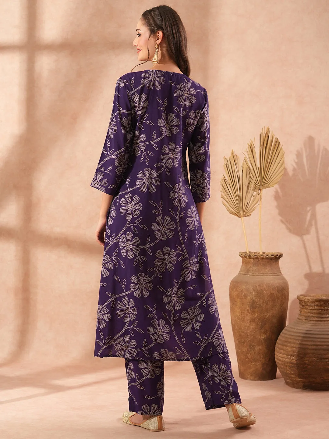 Ethnic Bandhani Printed A-Line Co-ord Set - Purple