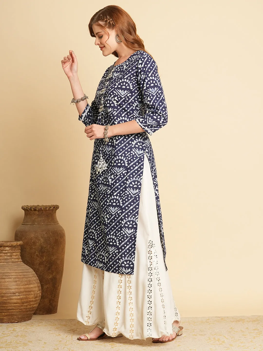 Elegant Blue Ethnic Dabu Printed Straight Fit Kurta for Women