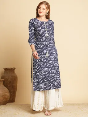 Elegant Blue Ethnic Dabu Printed Straight Fit Kurta for Women