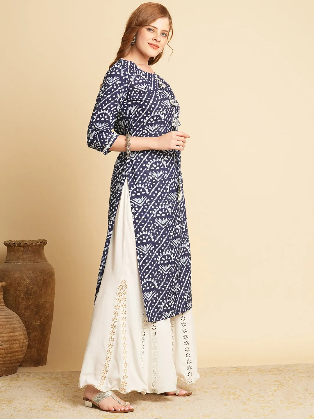 Elegant Blue Ethnic Dabu Printed Straight Fit Kurta for Women