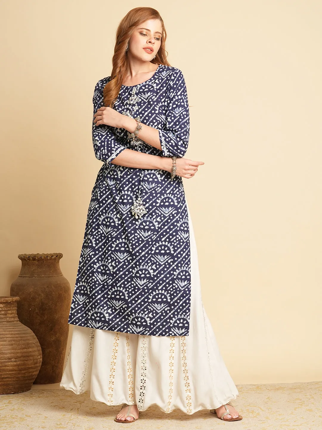 Elegant Blue Ethnic Dabu Printed Straight Fit Kurta for Women