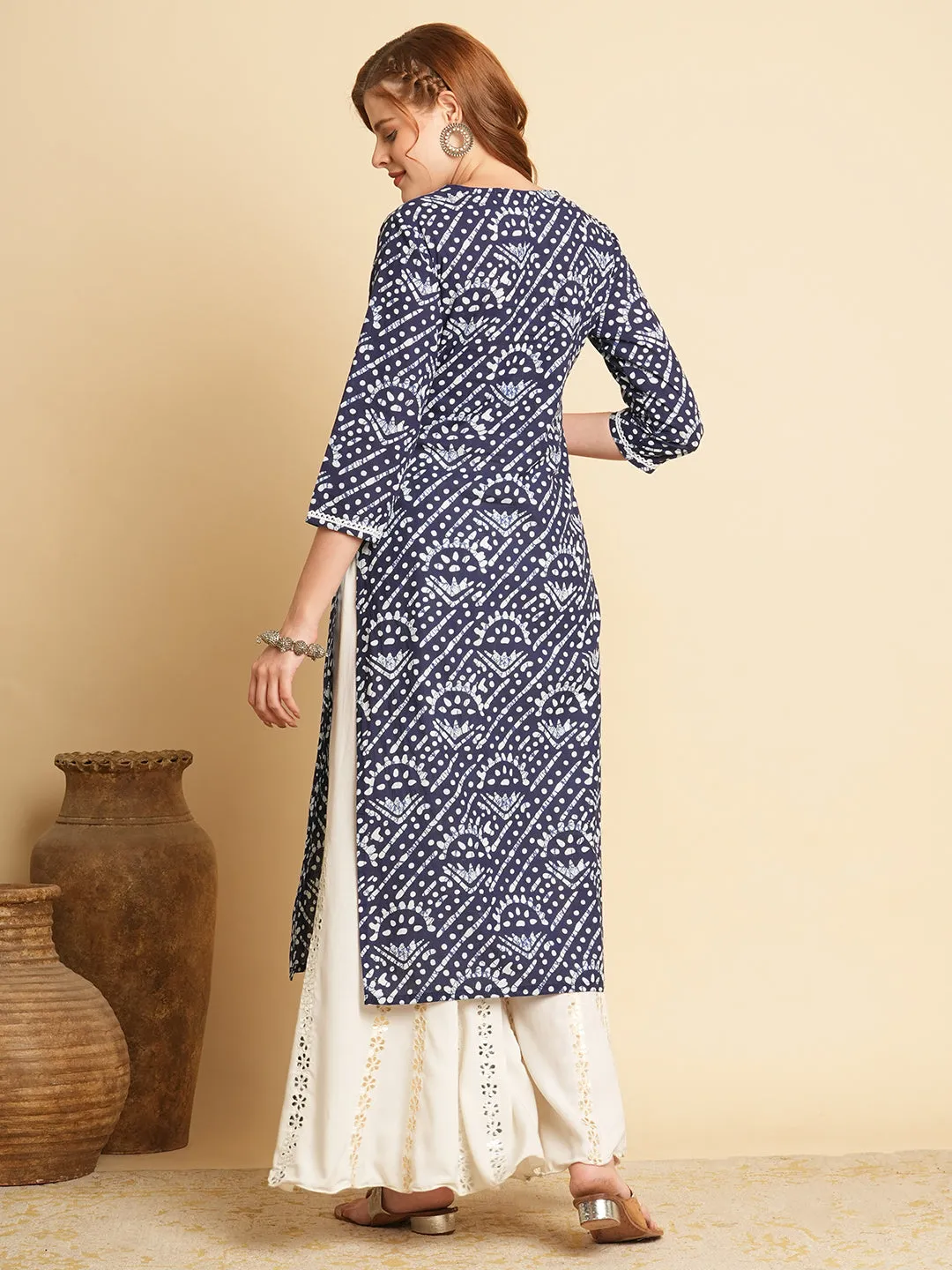 Elegant Blue Ethnic Dabu Printed Straight Fit Kurta for Women