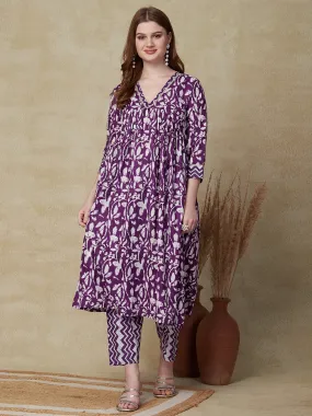 Ethnic Floral & Chevron Printed A-Line Pleated Kurta with Pant - Purple