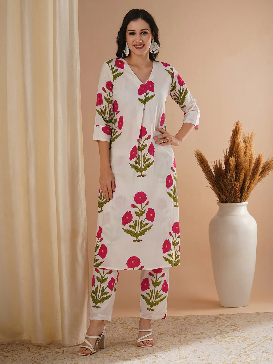 Ethnic Floral Block Printed A-Line Co-ord Set - Pink