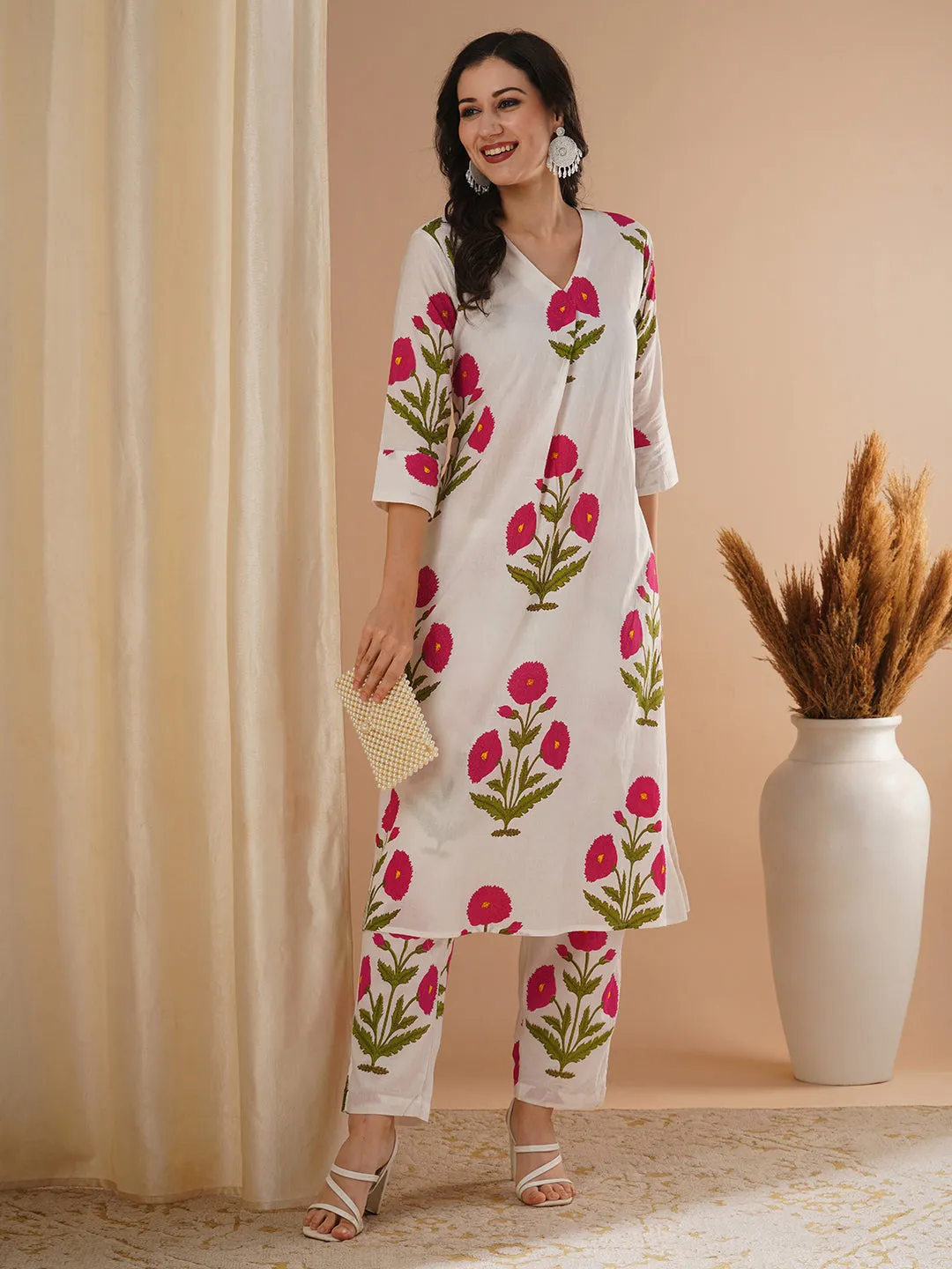 Ethnic Floral Block Printed A-Line Co-ord Set - Pink