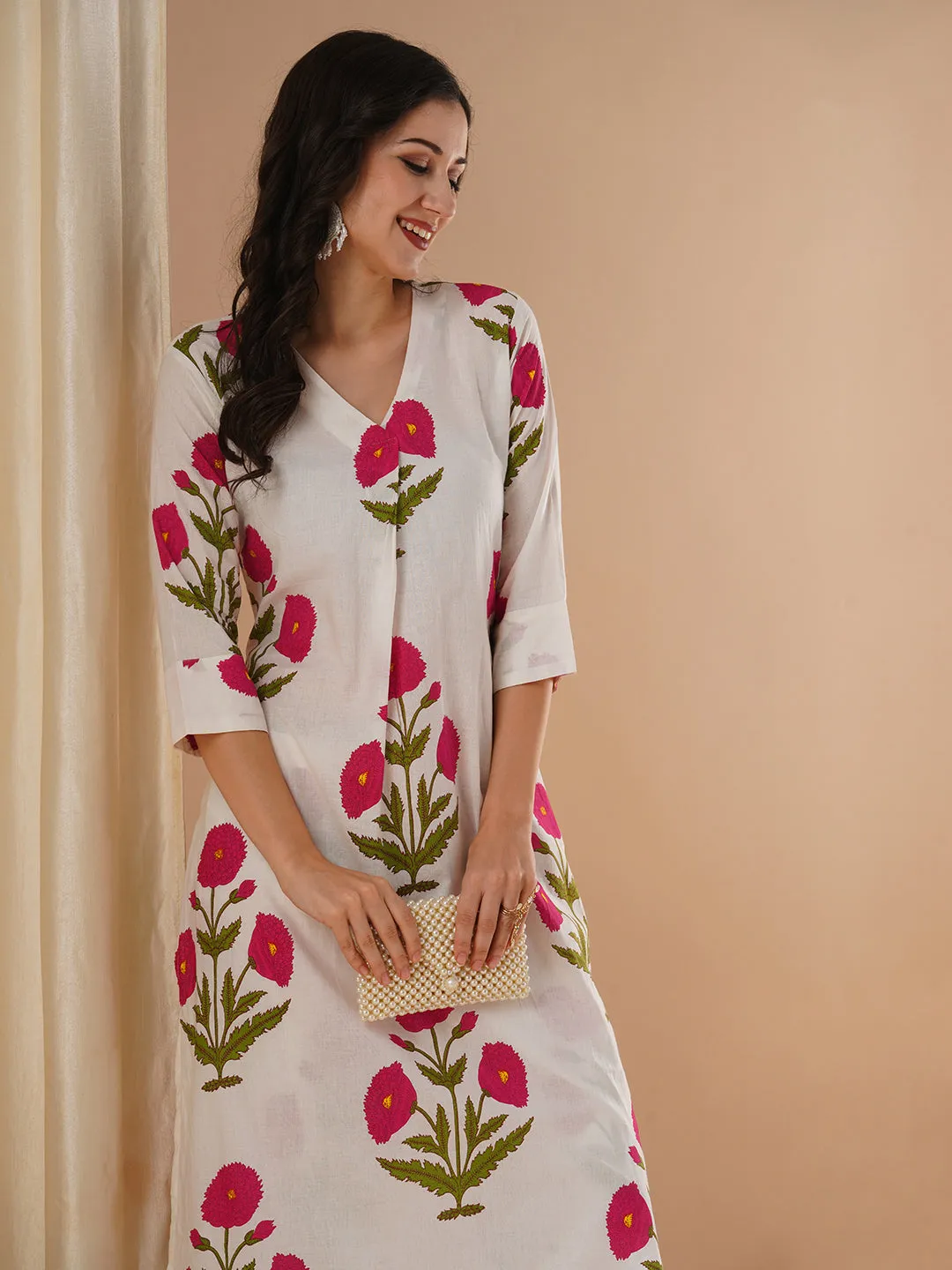 Ethnic Floral Block Printed A-Line Co-ord Set - Pink