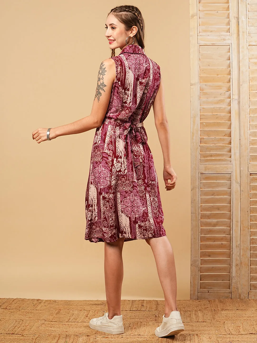 Ethnic Floral Foil Printed A-Line Kurta - Maroon