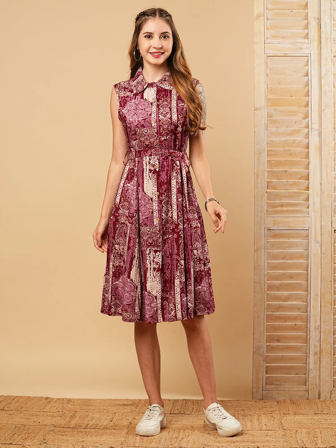 Ethnic Floral Foil Printed A-Line Kurta - Maroon