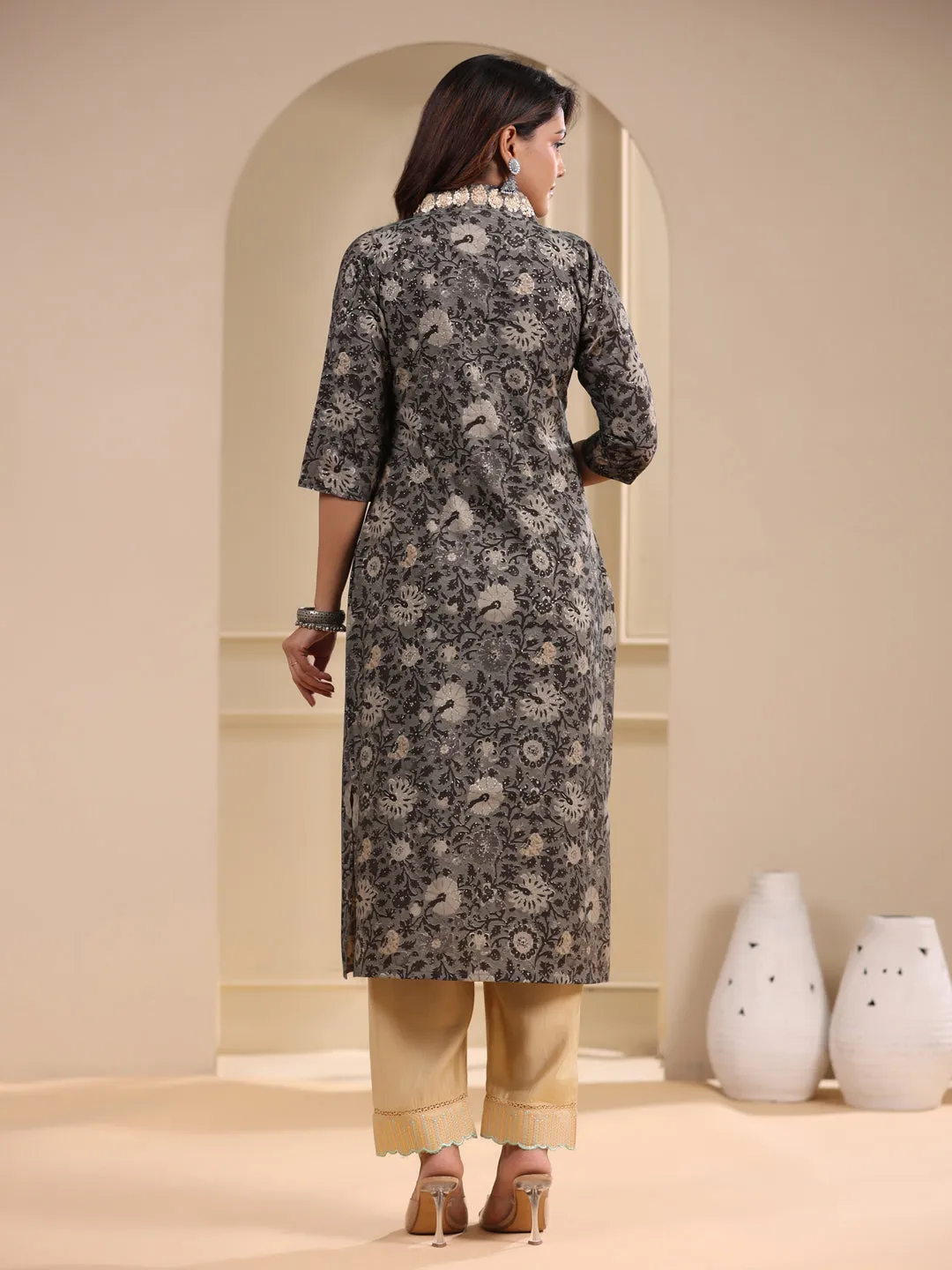 Ethnic Floral Foil Printed & Embroidered Straight Fit Kurta - Grey