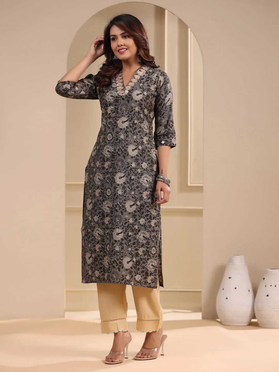 Ethnic Floral Foil Printed & Embroidered Straight Fit Kurta - Grey