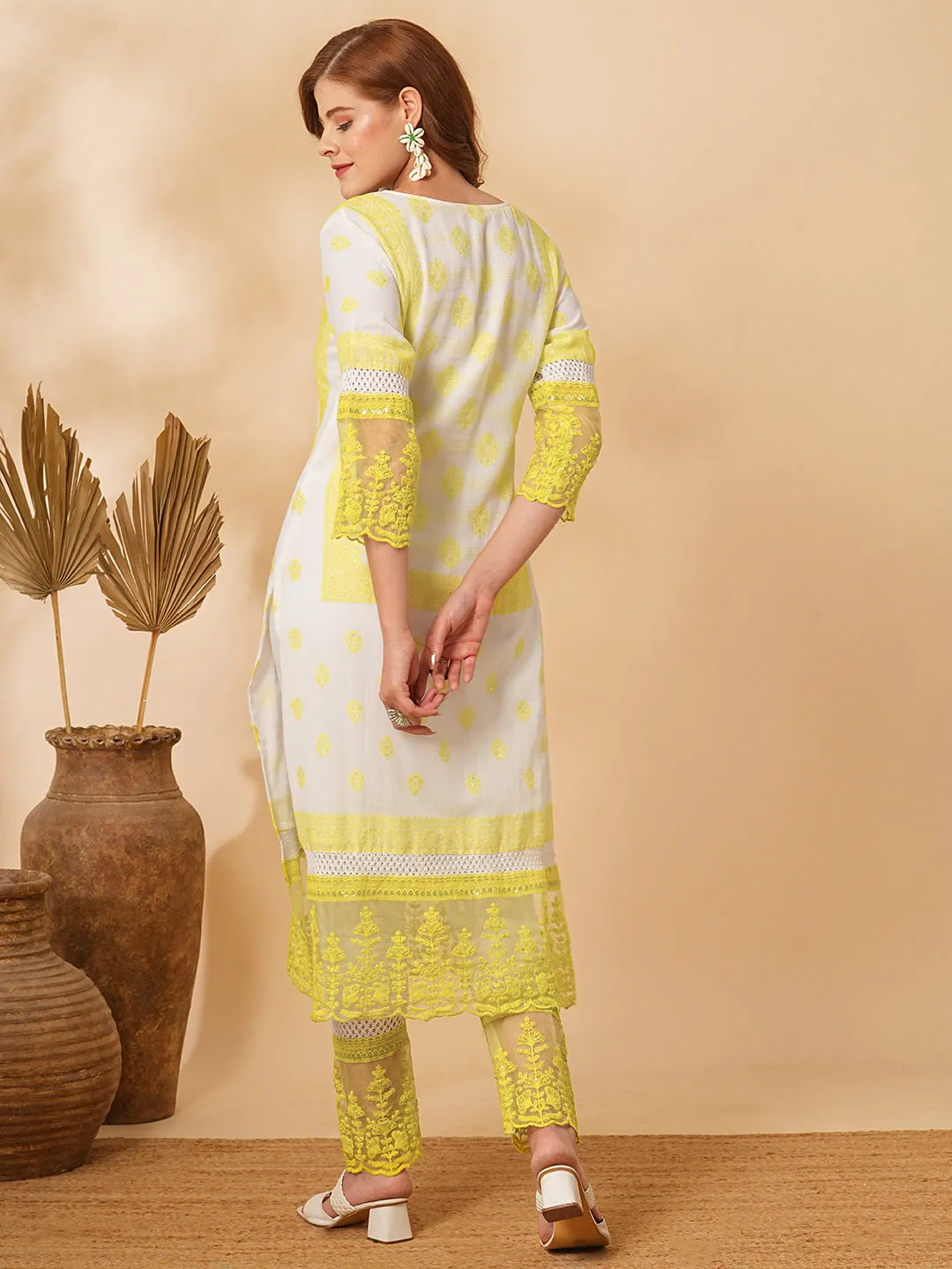 Ethnic Floral Jacquard Straight Fit Kurta with Pant - Off White