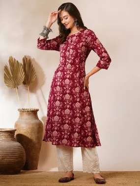 Ethnic Floral Printed A-Line Paneled Kurta - Burgundy