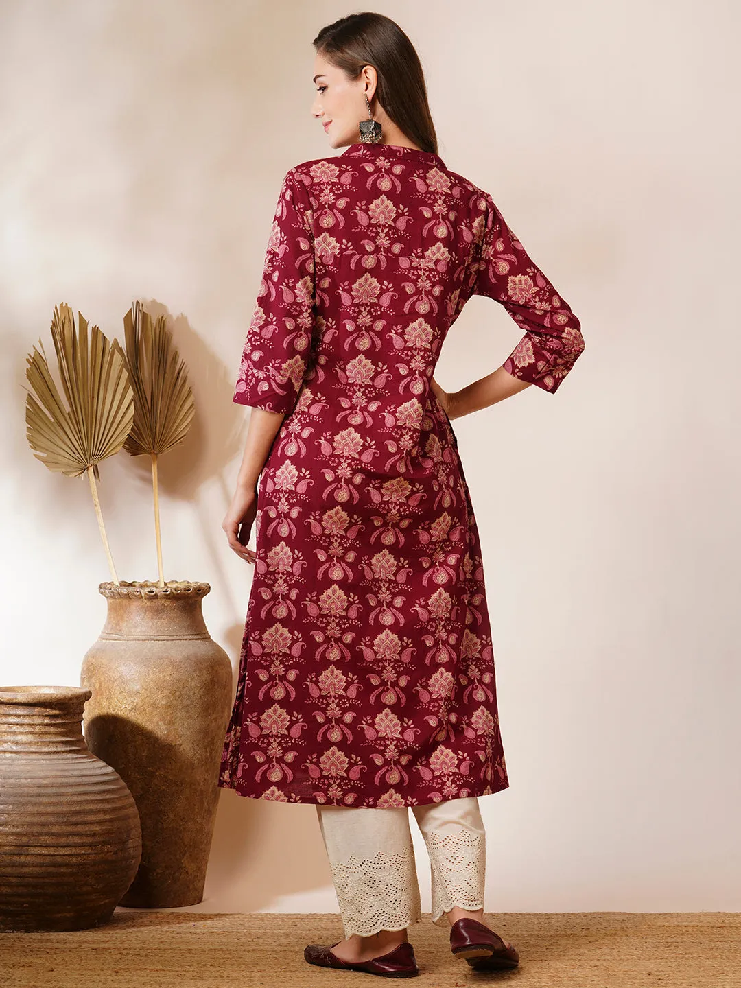 Ethnic Floral Printed A-Line Paneled Kurta - Burgundy