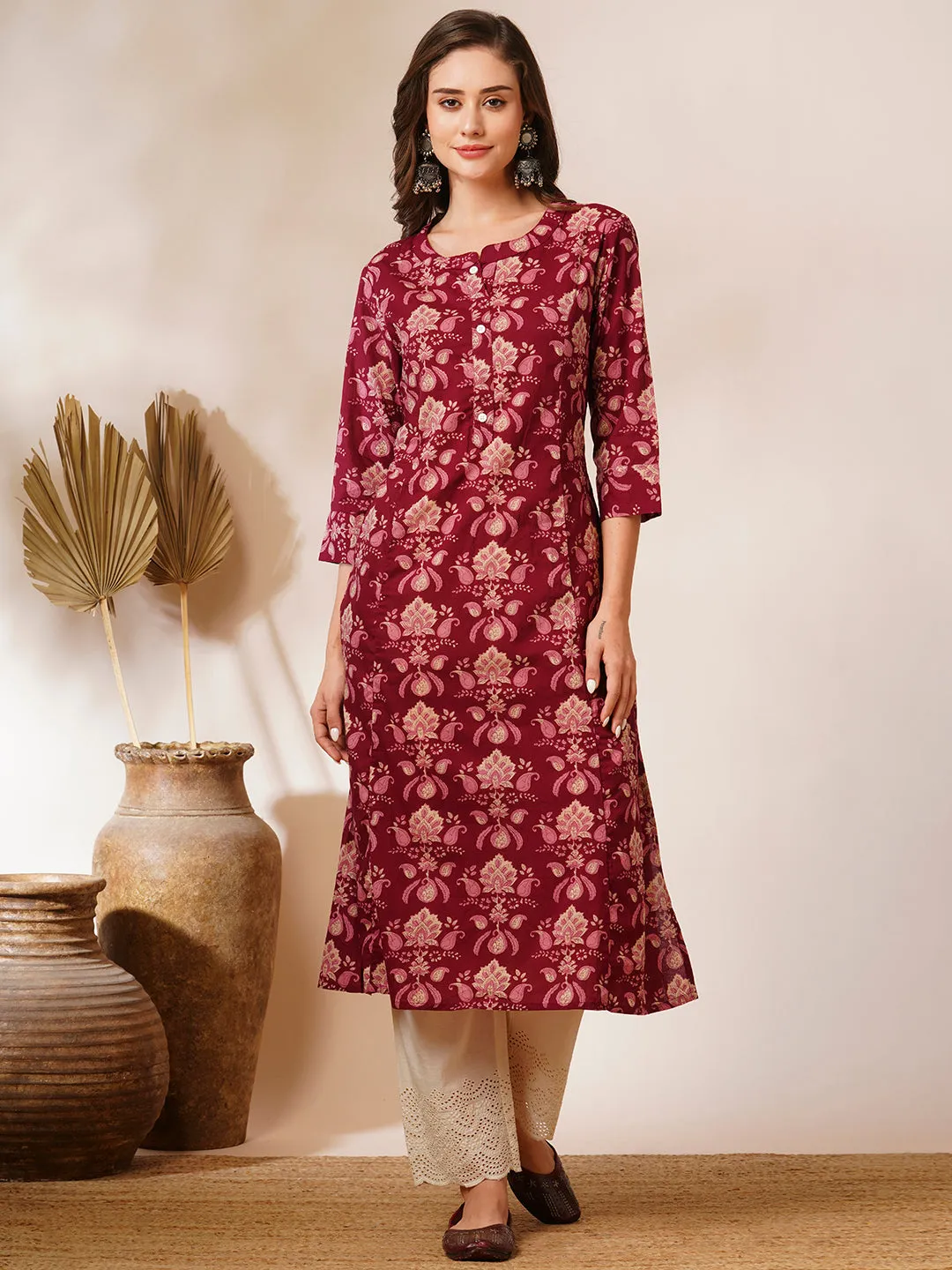 Ethnic Floral Printed A-Line Paneled Kurta - Burgundy