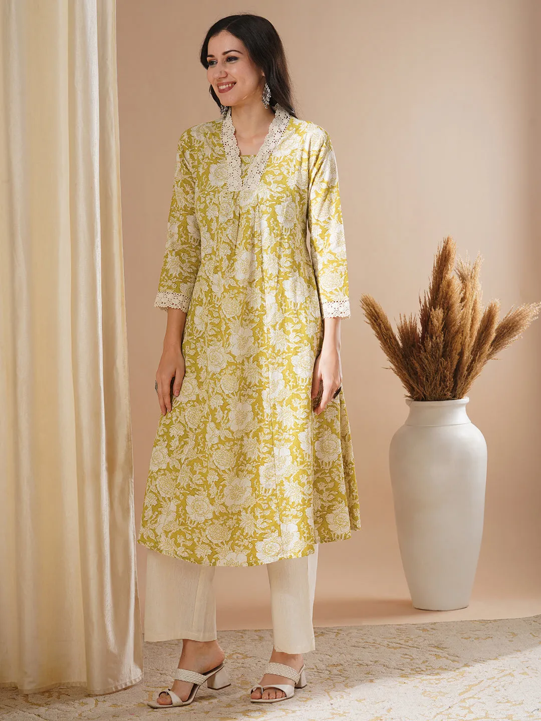 Ethnic Floral Printed A-Line Paneled Kurta with Palazzo - Green