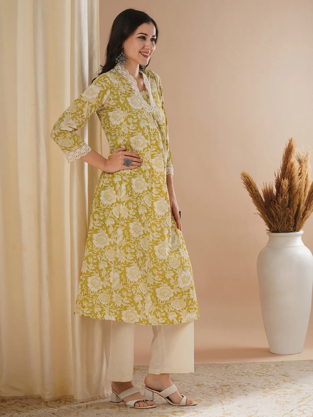 Ethnic Floral Printed A-Line Paneled Kurta with Palazzo - Green