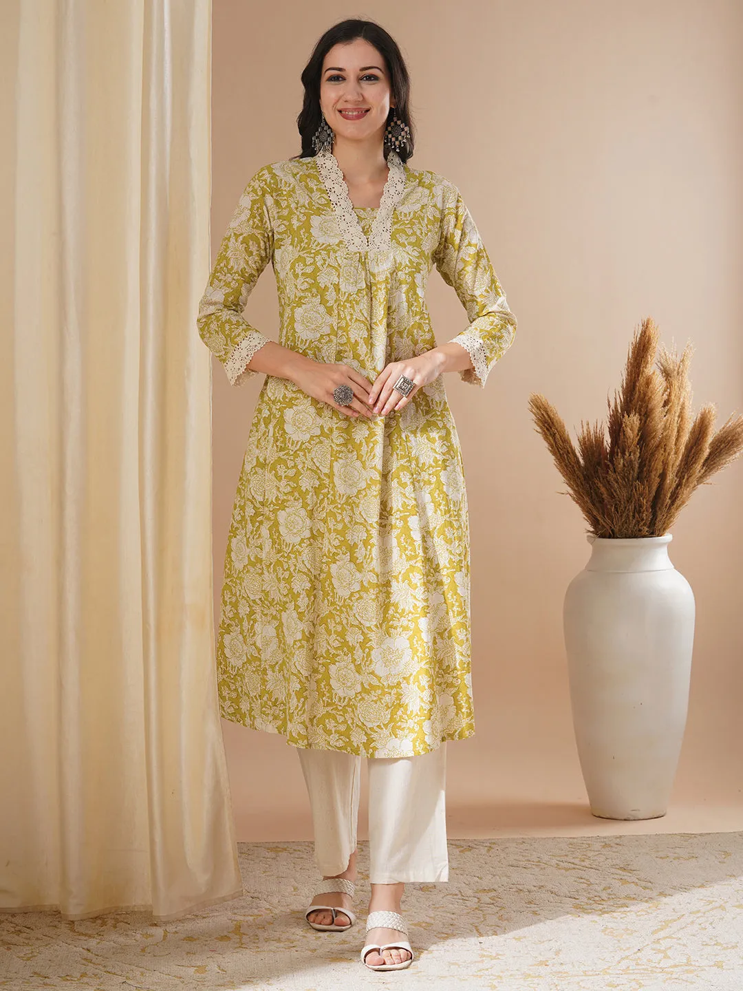 Ethnic Floral Printed A-Line Paneled Kurta with Palazzo - Green