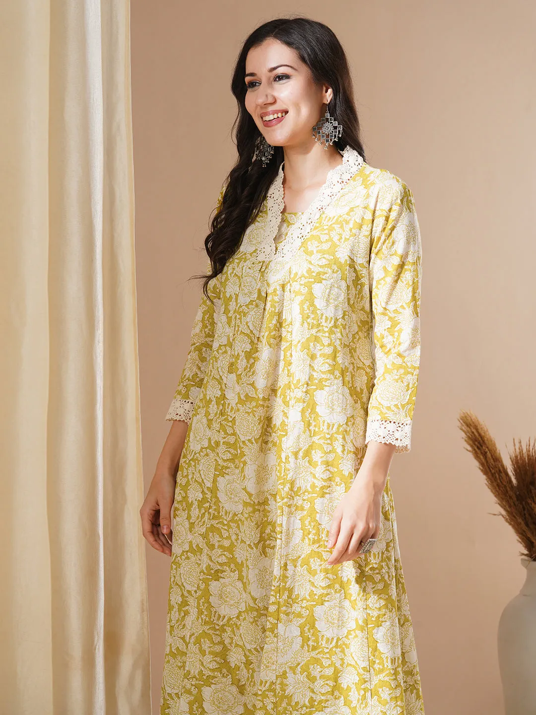 Ethnic Floral Printed A-Line Paneled Kurta with Palazzo - Green