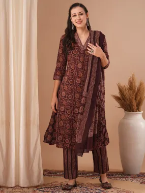 Ethnic Floral Printed A-Line Paneled Kurta with Pant and Dupatta - Black