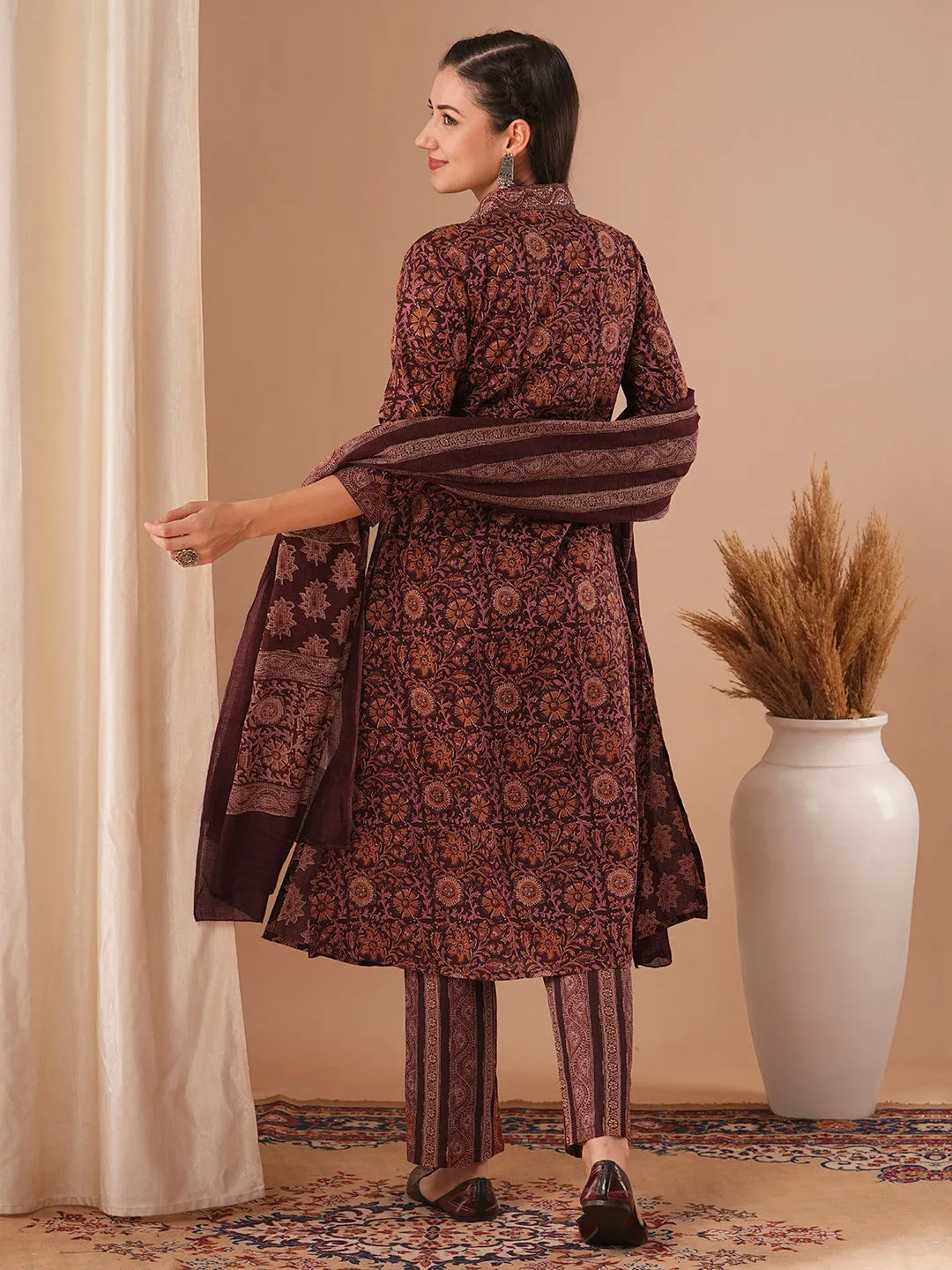 Ethnic Floral Printed A-Line Paneled Kurta with Pant and Dupatta - Black