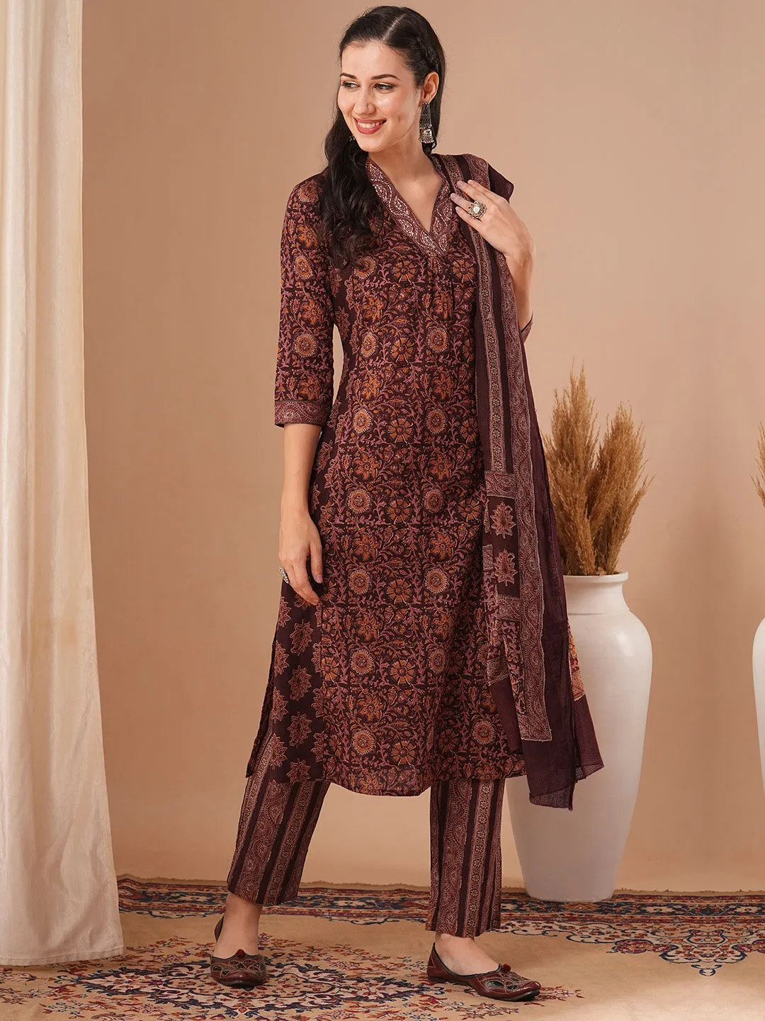 Ethnic Floral Printed A-Line Paneled Kurta with Pant and Dupatta - Black