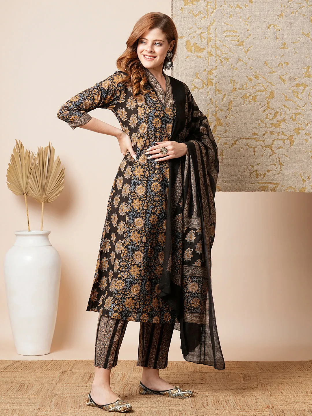 Ethnic Floral Printed A-Line Paneled Kurta with Pant and Dupatta - Brown