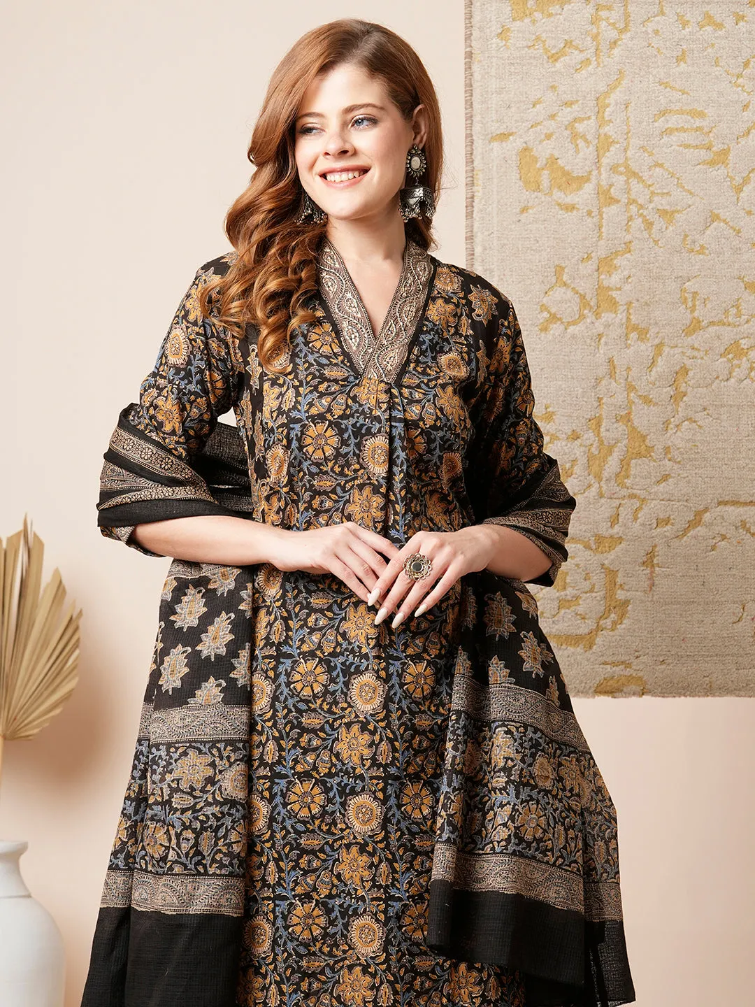 Ethnic Floral Printed A-Line Paneled Kurta with Pant and Dupatta - Brown