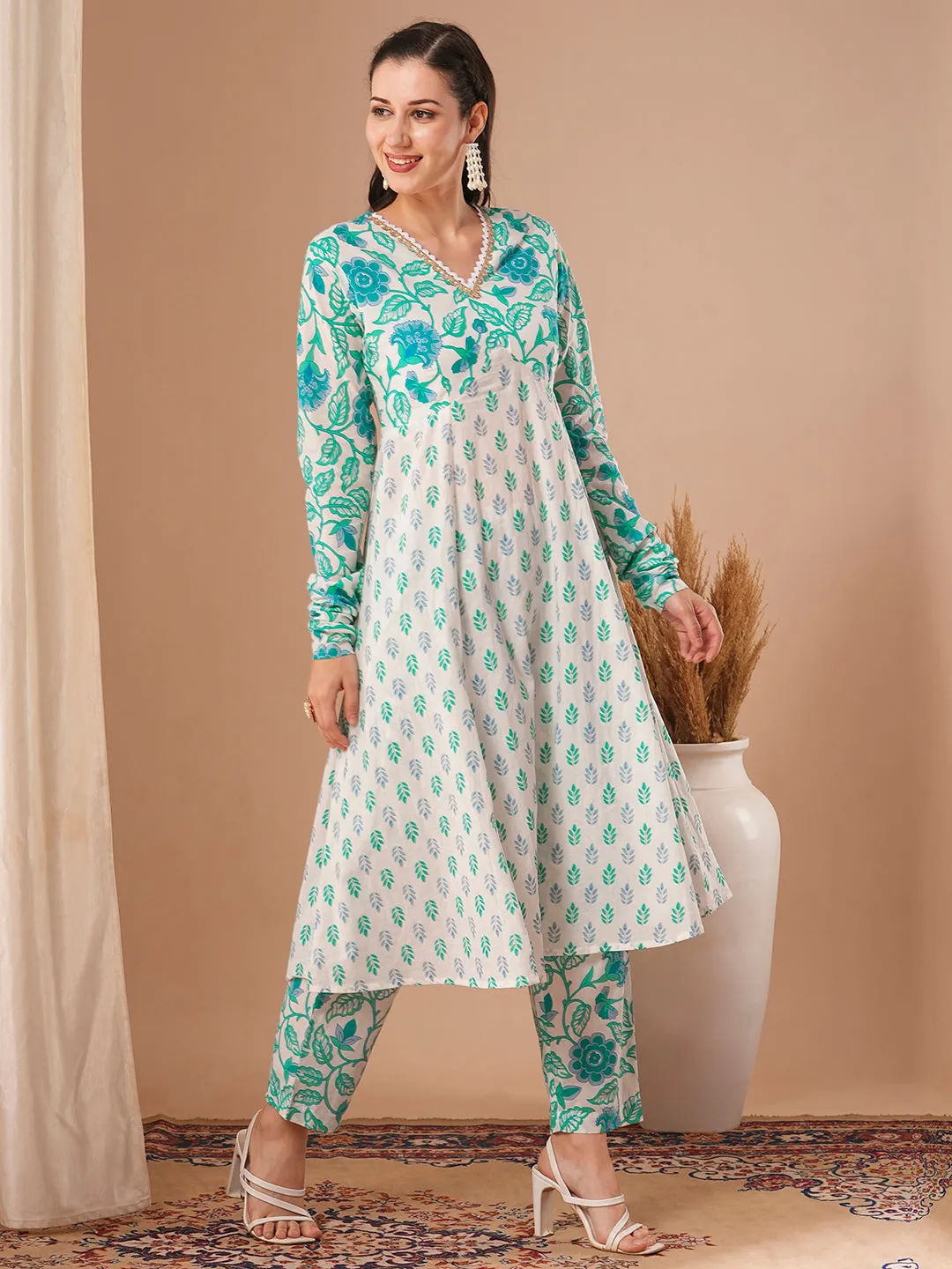 Ethnic Floral Printed A-Line Paneled Kurta with Pant - White