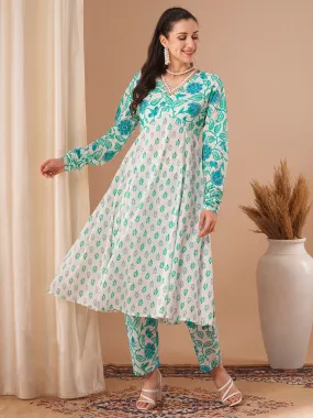 Ethnic Floral Printed A-Line Paneled Kurta with Pant - White