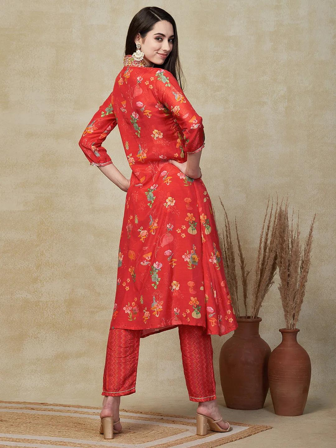 Ethnic Floral Printed & Embroidered A-Line Kurta with Pant - Red