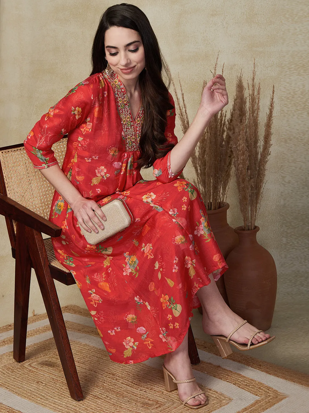 Ethnic Floral Printed & Embroidered A-Line Kurta with Pant - Red