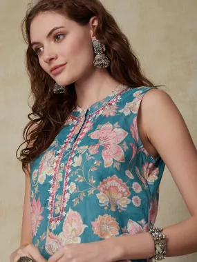 Ethnic Floral Printed & Embroidered Straight Fit Kurta - Sea Green